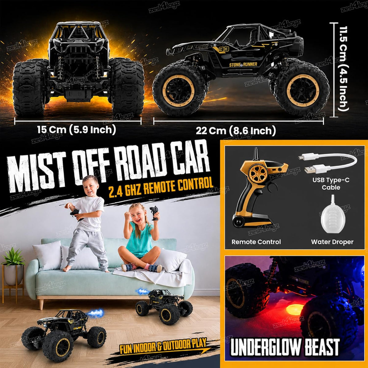 Rock Crawler Car with Smoke Offroader Rc Car High Speed 5 Functions 1:16 RC Car with Smoke Fog Styled Climbing Monster Truck Rechargeable Remote Control Car for Kids