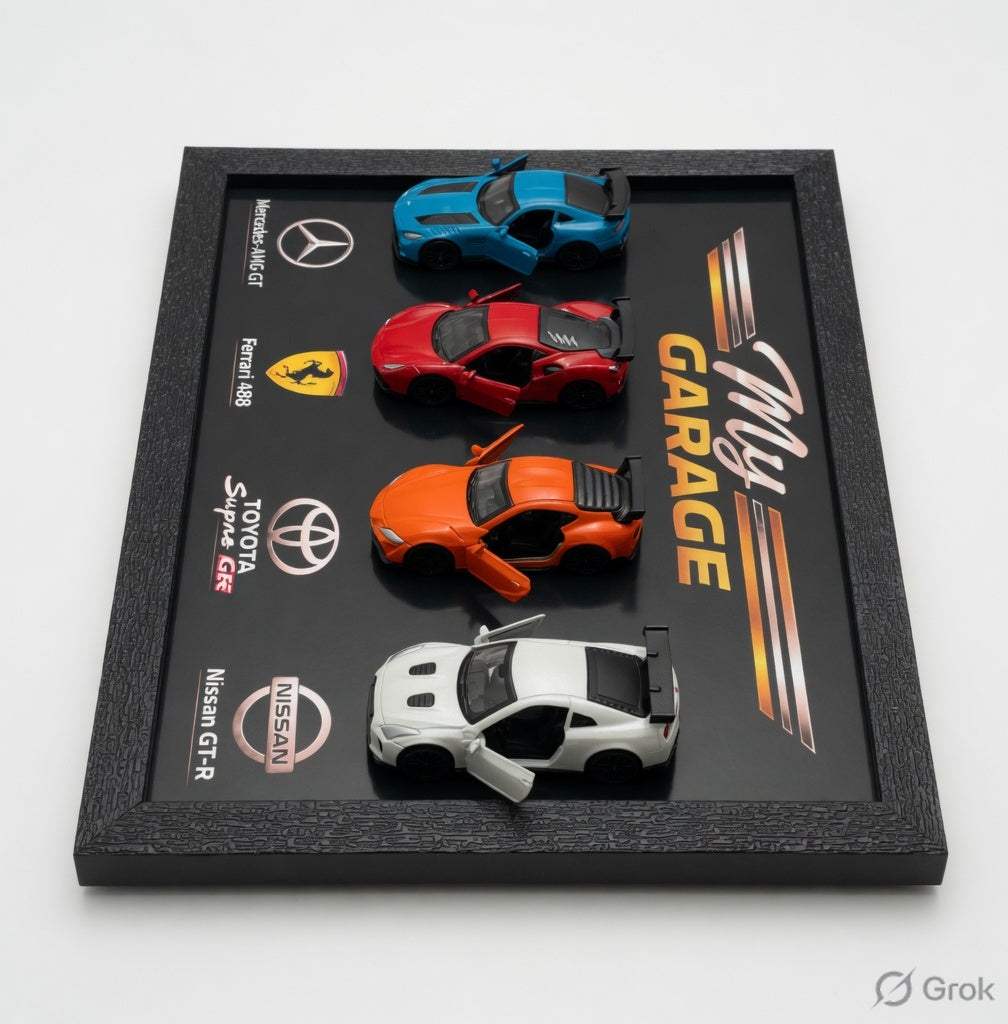 My Garage 4-Car Diecast Wall Display Frame with Mercedes-AMG GT, Ferrari 488, Toyota Supra GR and Nissan GT-R