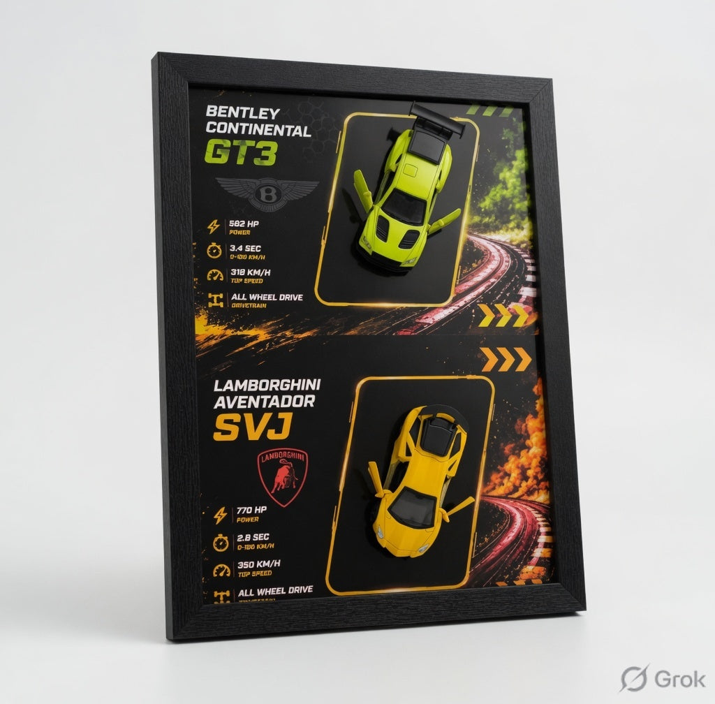 Dual Supercar Shadow Box featuring Bentley Continental GT3 and Lamborghini Aventador SVJ diecast models in a black frame