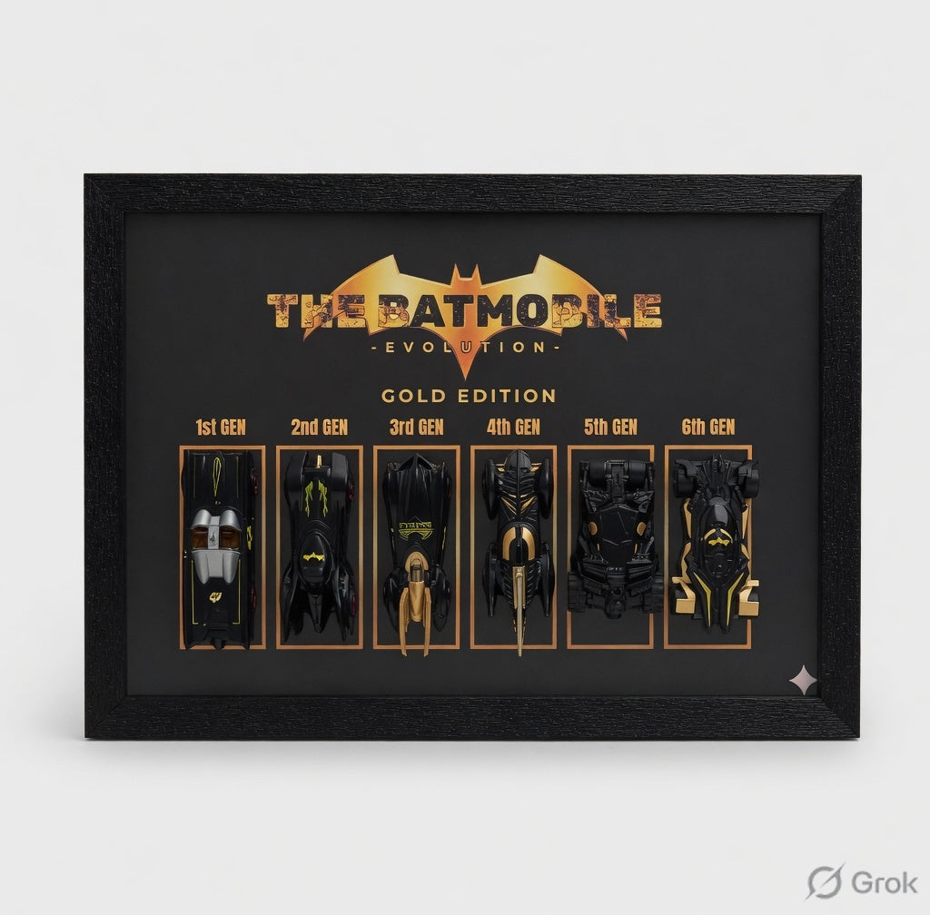 The Batmobile Evolution Gold Edition – 6 Generation Diecast Set in Black Shadowbox Frame