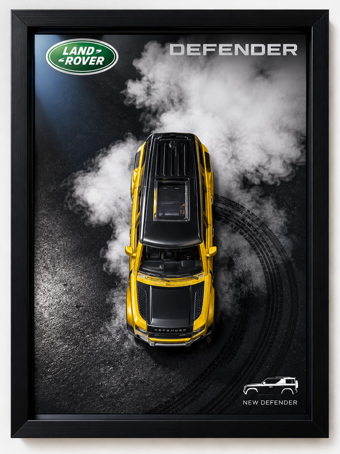 Land Rover Defender aerial view yellow wall art poster with smoke effect