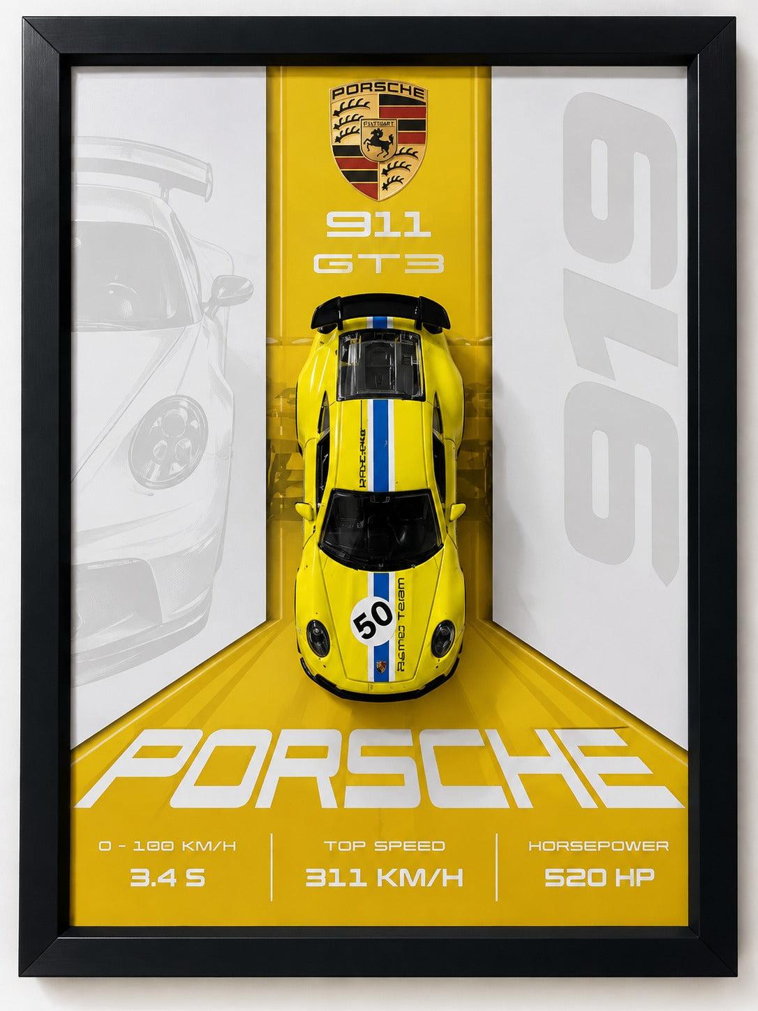 Porsche 911 GT3 Race Edition Diecast Wall Art – Yellow #50 Livery