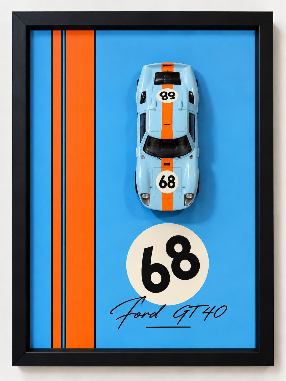 Ford GT40 #68 Gulf Livery Framed Diecast Wall Art – top-down view