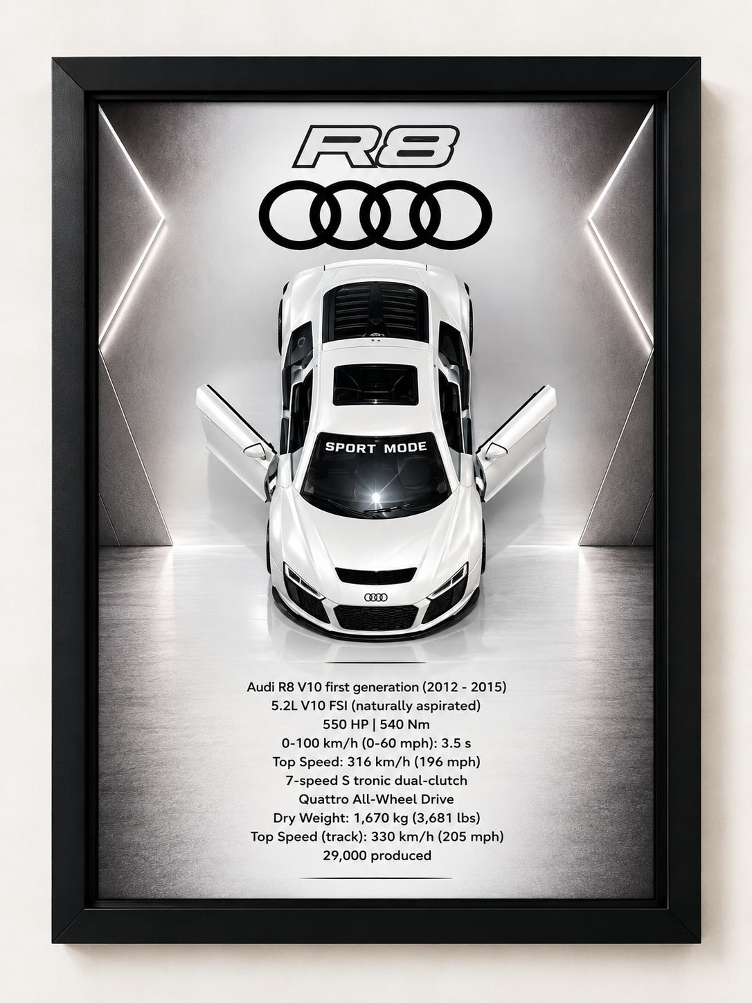 Audi R8 V10 Sport Mode framed wall art poster – top view with spec sheet