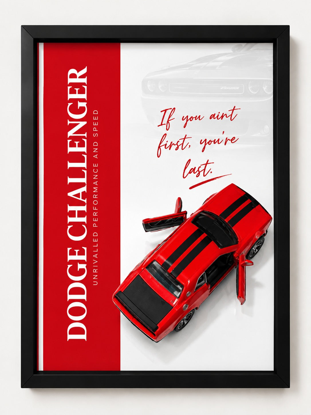 Dodge Challenger Diecast Wall Art – Red with Black Racing Stripes in Black Frame